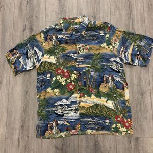 Hawaiian Shirt Short Sleeve Button-Up 100% Spun Rayon Leis Surfing Island Travel